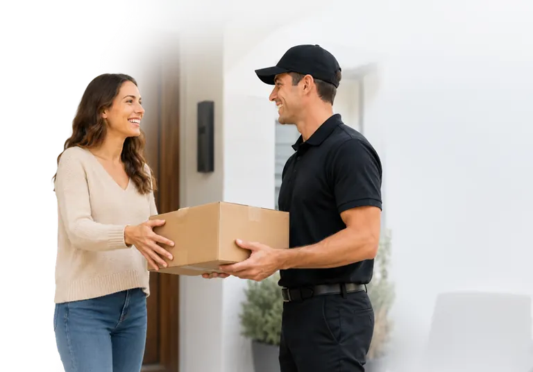 Option 1 Express courier handing a package to a business customer