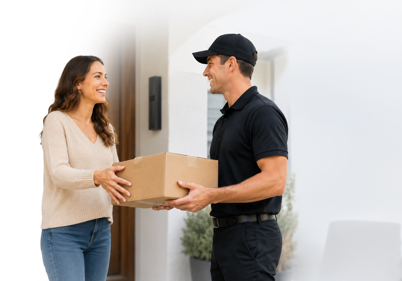 Option 1 Express courier handing a package to a business customer
